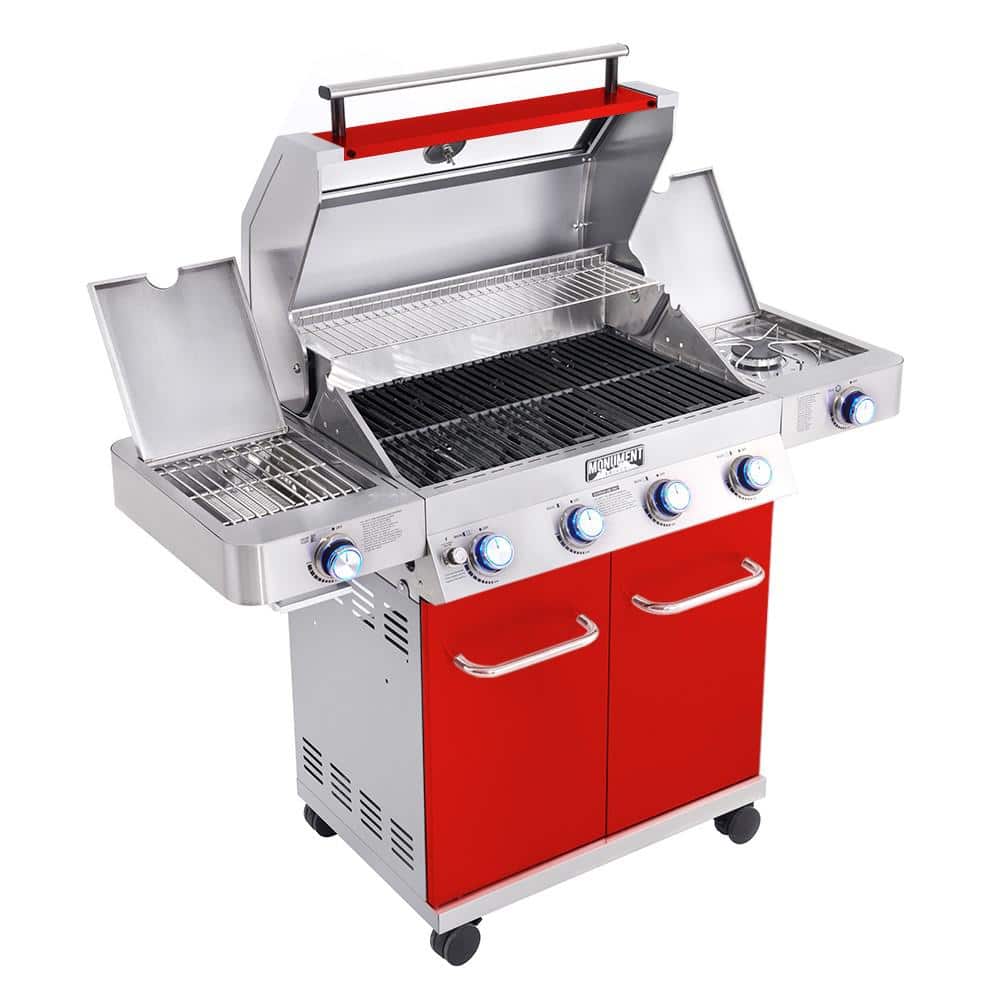 Red Stainless Steel 4-Burner Propane Gas Grill with Side Burner