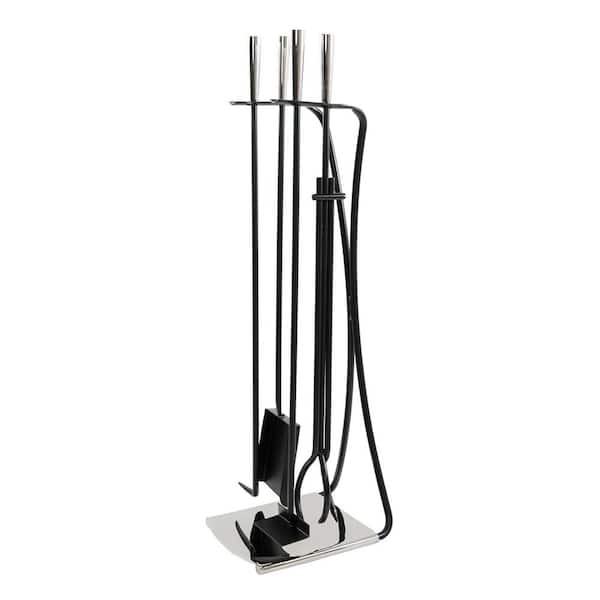 ACHLA DESIGNS Modern Park Avenue 32.5 in. Tall 5-Piece Polished Nickel and Black Fireplace Tool Set