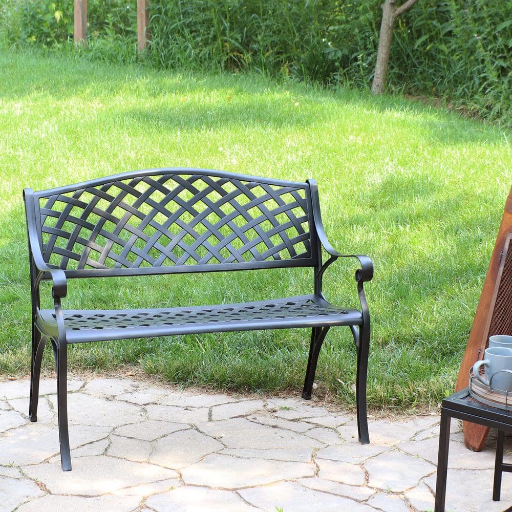 Sunnydaze Black Cast Aluminum Double Seating Lawson Bench