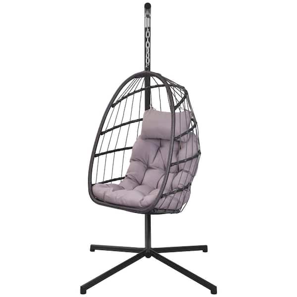 Miscool Anky 29.5 in. W 2-Person Brown Wicker Porch Swing Hanging Egg Chair Stand, Pink Cushions