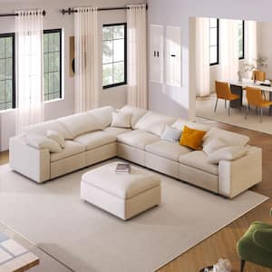 120 in. Beige Linen Modern U-Shaped Corner Reclining Sectional Sofa with With Chaise