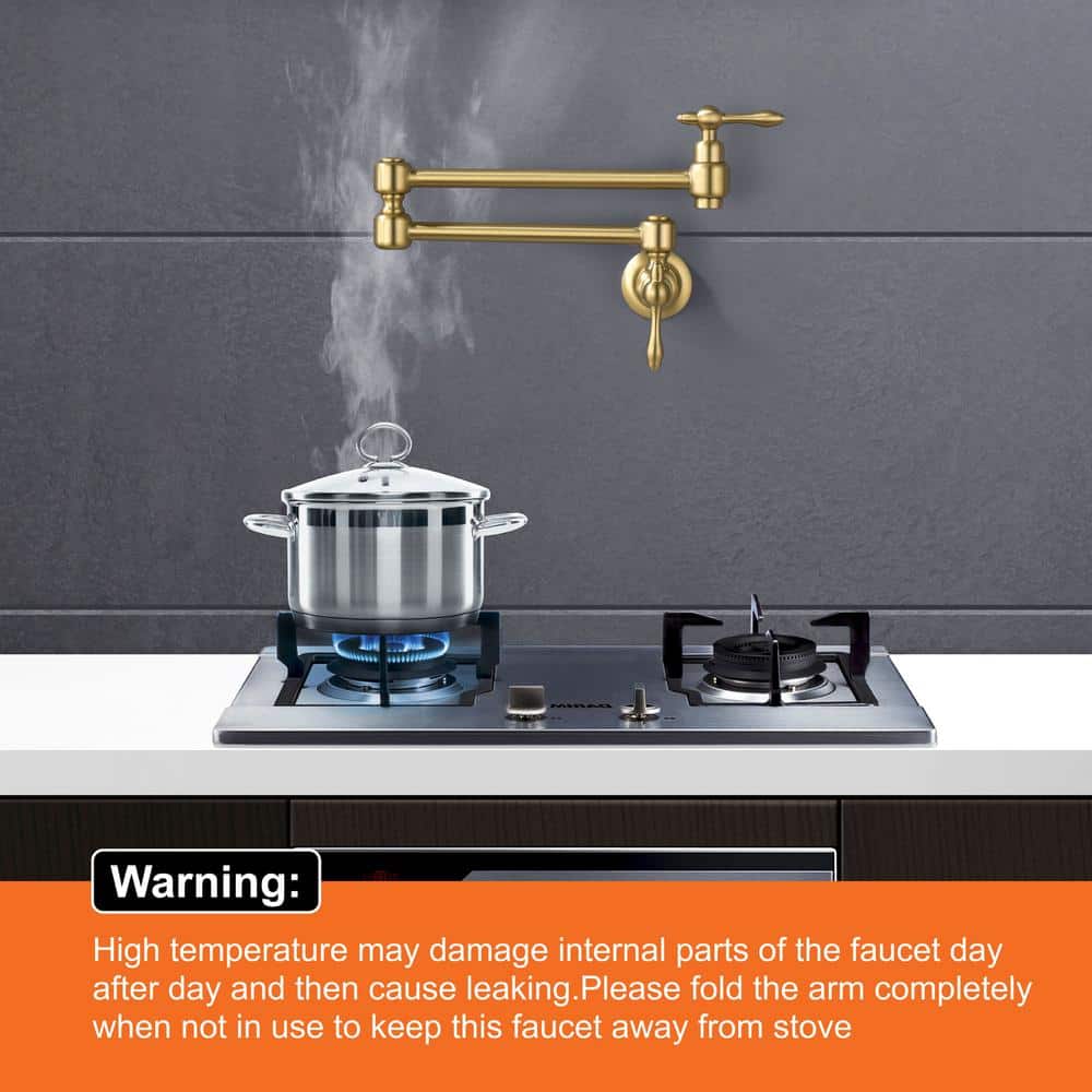 Brushed Gold Brass Double Handle Wall Mount Pot Filler Faucet
