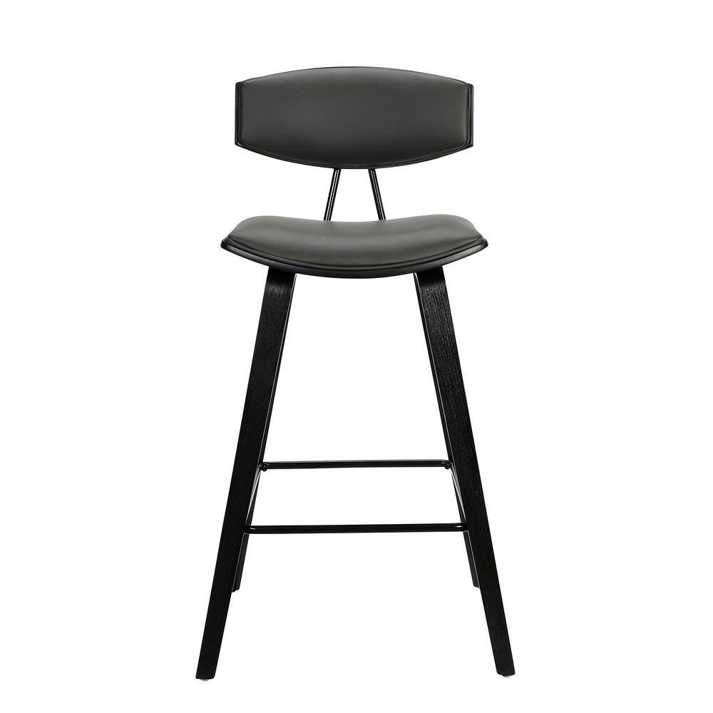 Fox Mid-Century Modern Gray Faux Leather & Brushed Black Wood Barstool