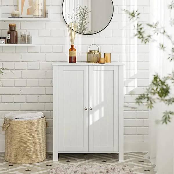 White Bathroom Floor Storage Cabinet with Double Door Adjustable Shelf