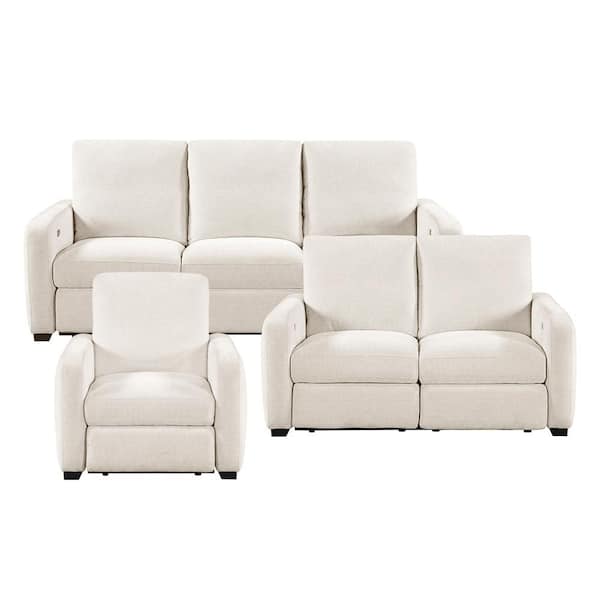 Jules 89.5 in. W Track Arm Chenille Rectangle 3-Piece Power Double Reclining Sofa Set with USB Charging Ports in Beige