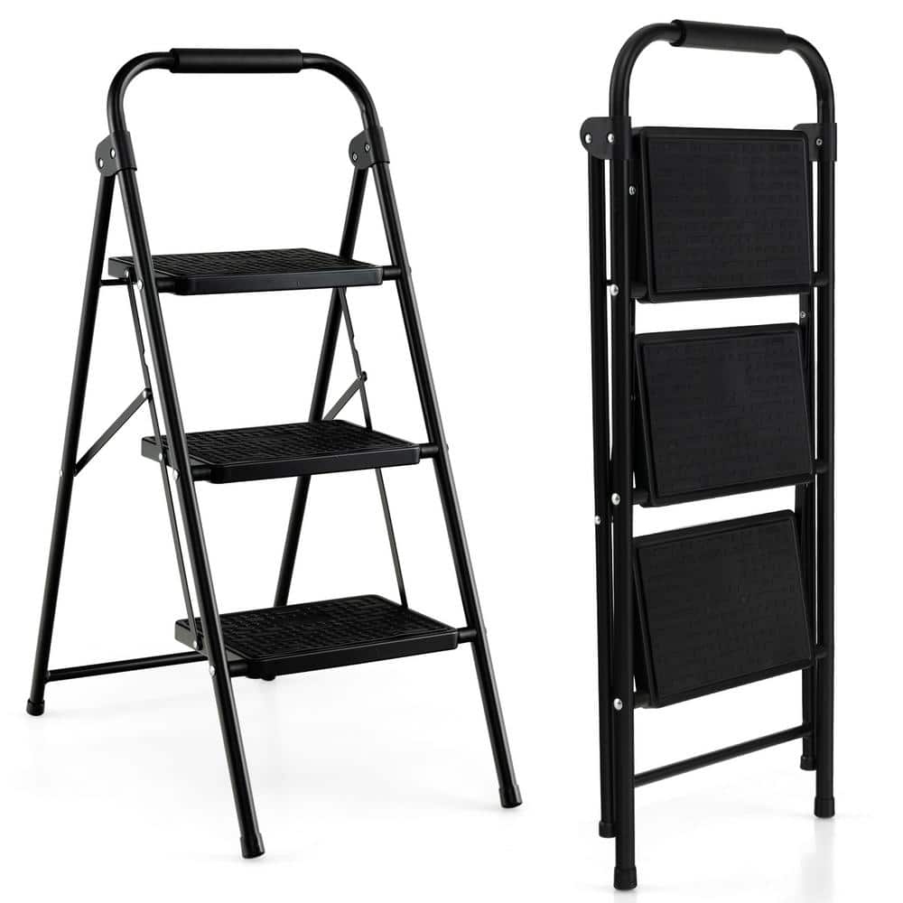 Black Metal Folding 3-Step Ladder with Anti-Slip Pedals