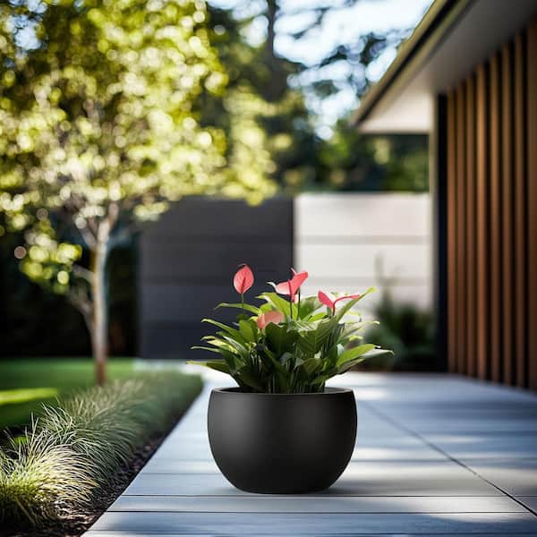 19 in. W x 13 in. H Charcoal Black Large Tall Round Concrete Planter / Garden Plant Pot for Indoor and Outdoor