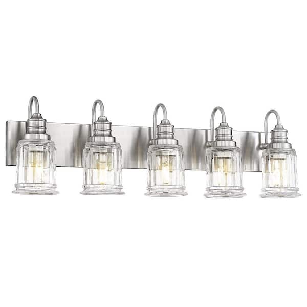 33 in. 5 Light Brushed Nickel Vanity Light with Clear Glass Shade