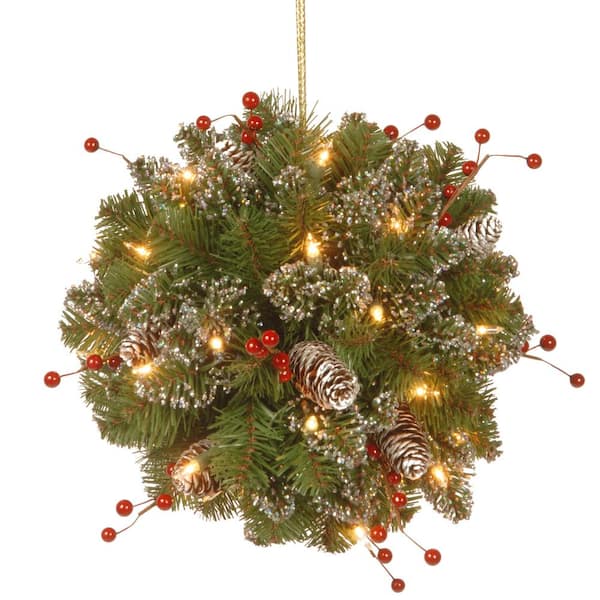 National Tree Company 12 in. Glittery Mountain Spruce Kissing Ball with Battery Operated Warm White LED Lights