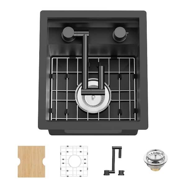 15 in. x 13 in. Undermount Single Bowl 11-Gauge Black Stainless Steel RV Workstation Sink with Foldable Faucet