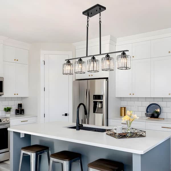 TinHon Modern 5-Light Black Linear Island Chandelier with Crystal