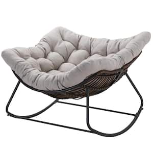 Black Metal Oversized Outdoor Rocking Chair Papasan Chair with Padded Light Gray Cushions