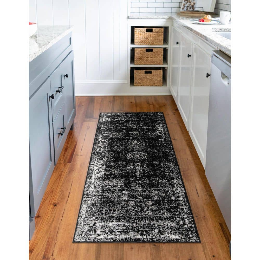 Chic Black Synthetic Indoor Runner Rug, Easy-Care and Stain-Resistant