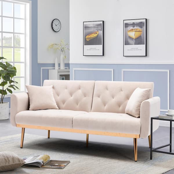 ANBAZAR 31.5 in. W Flared Arm Velvet Upholstery Straight Sofa in Beige, Upholstered Accent Loveseat Sofa with Rose Golden Feet