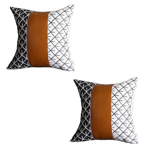 Brown Boho Handcrafted Vegan Faux Leather Square Abstract Geometric 22 in. x 22 in. Throw Pillow Cover (Set of 2)