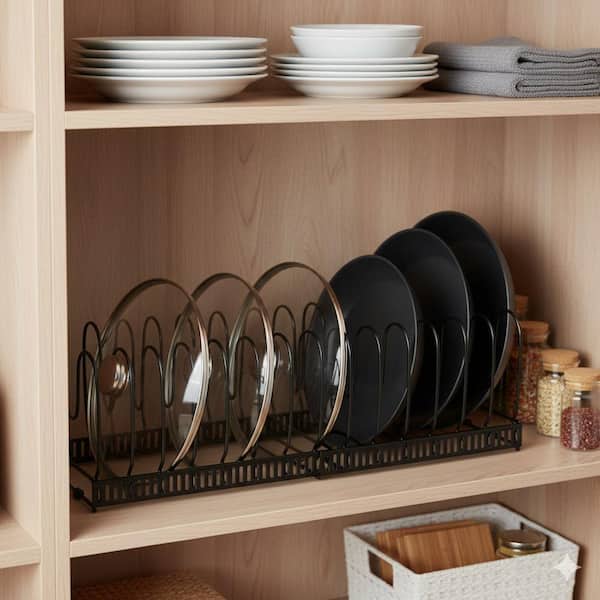 Black Standing Expandable Organizer Rack Pot Rack with 10 Adjustable Compartments for Kitchen Cabinet Cookware Storage