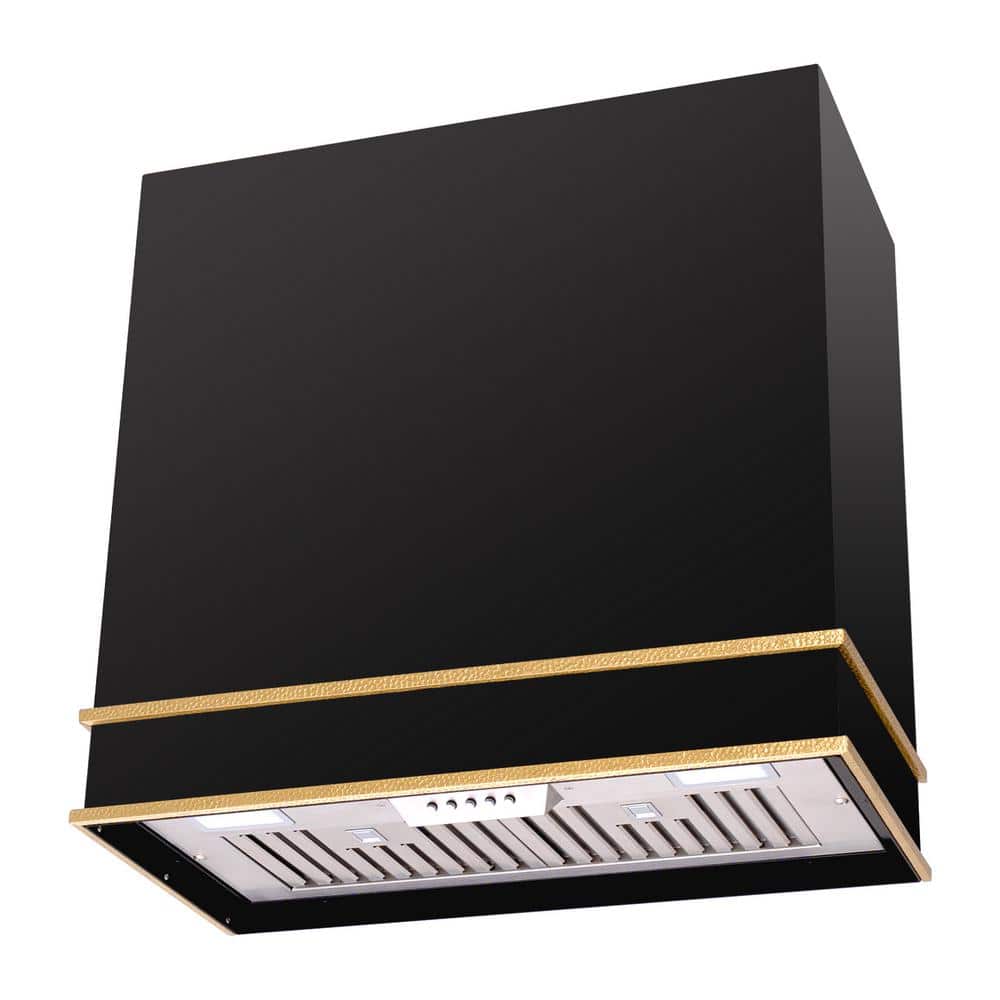 30 in. 600 CFM Ducted Wall Mount Range Hood with 3-Speed Push Control, LED Lights and Carbon Filter, in Black with Gold