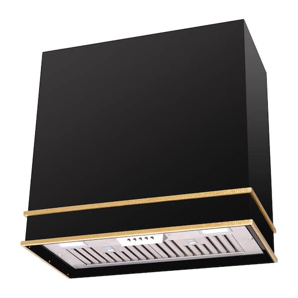 Akicon 30 in. 600 CFM Ducted Wall Mount Range Hood with 3-Speed Push Control, LED Lights and Carbon Filter, in Black with Gold