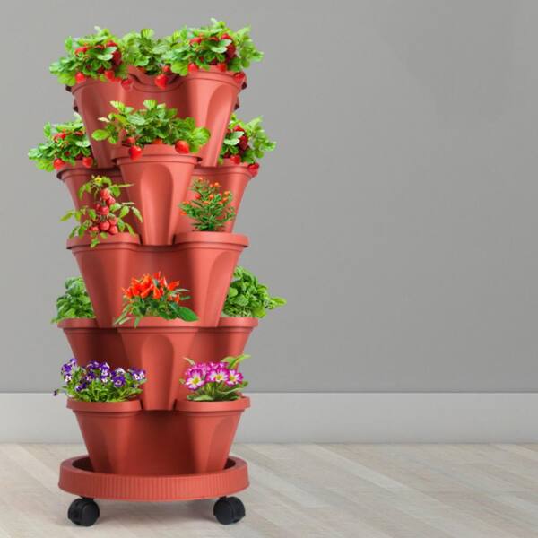 OGETFUUR 5-Tier Plastic Brick Red Polyethylene Vertical Stackable Planter Garen Tool Set for Indoor/Outdoor Growing Vegetables
