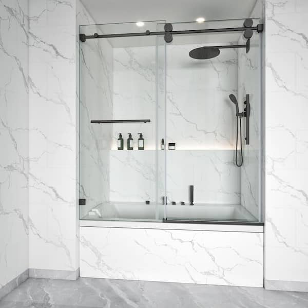 MOHALEN 56-60.5 in. W x 60 in. H Single Sliding Frameless Tub Door in Matte Black with 3/8 in. Clear Tempered Glass