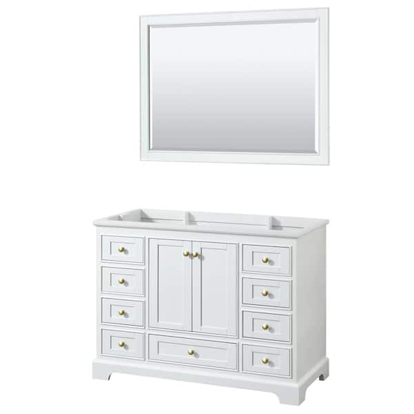 Wyndham Collection Deborah 47.25 in. W x 21.5 in. D x 34.25 in. H Bath Vanity Cabinet without Top in White with Gold Trim & 46 in. Mirror