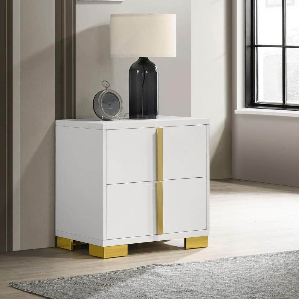 White and Gold Modern 2-Drawer Nightstand