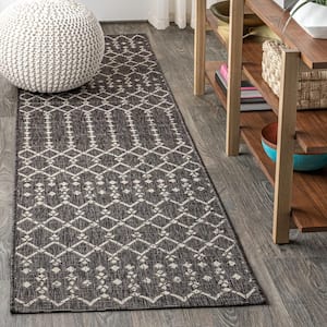 Ourika Moroccan Geometric Textured Weave Indoor/Outdoor Black/Gray 2 ft. x 8 ft. Runner Rug