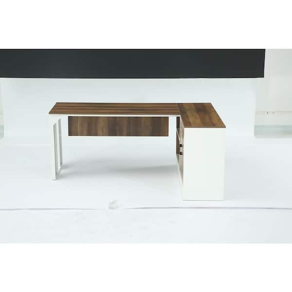 Halseey 70.87 in. L Shaped Brown White Wood 2-Door Cabinet Computer Desk for Home Office Big Executive Desk Furniture