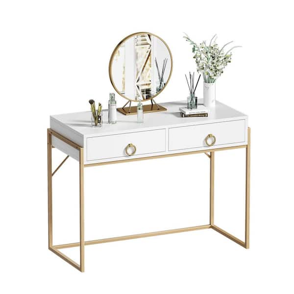 Aupodin 40 in. Rectangular White and Gold 2-Drawers Desk with Storage, Home Office Writing Desk Makeup Vanity Table Study Desk