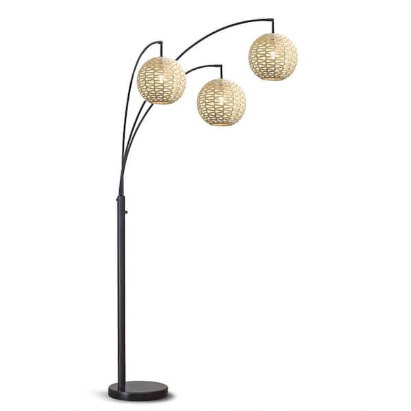 HomeGlam Kyoto 83 in. Dark Bronze 3-Lights Arc Tree Floor Lamp with Rattan Shades