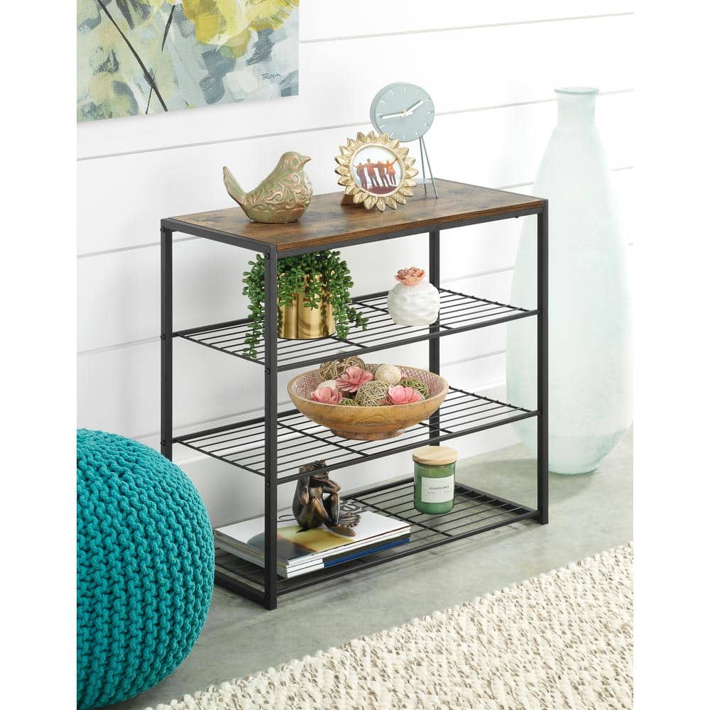 Black and Woodgrain Industrial 4-Tier Storage Shelves