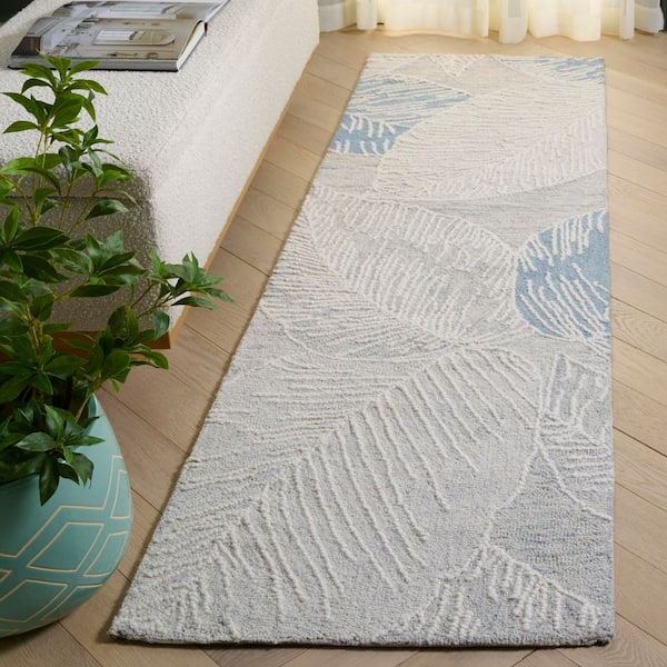 Jardin 2 ft. x 8 ft. Blue/Ivory High-Low Oversized Leaves Runner Rug
