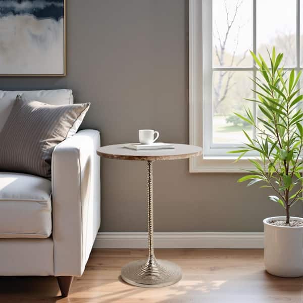 Liv & Skye 16 in. Tan Round Marble Twist Accent Table