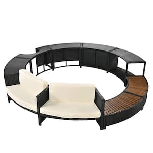 9-Piece Black Wicker Outdoor Sectional Sofa Set with Beige Cushions, Storage Cabinet, Spa Enclosure
