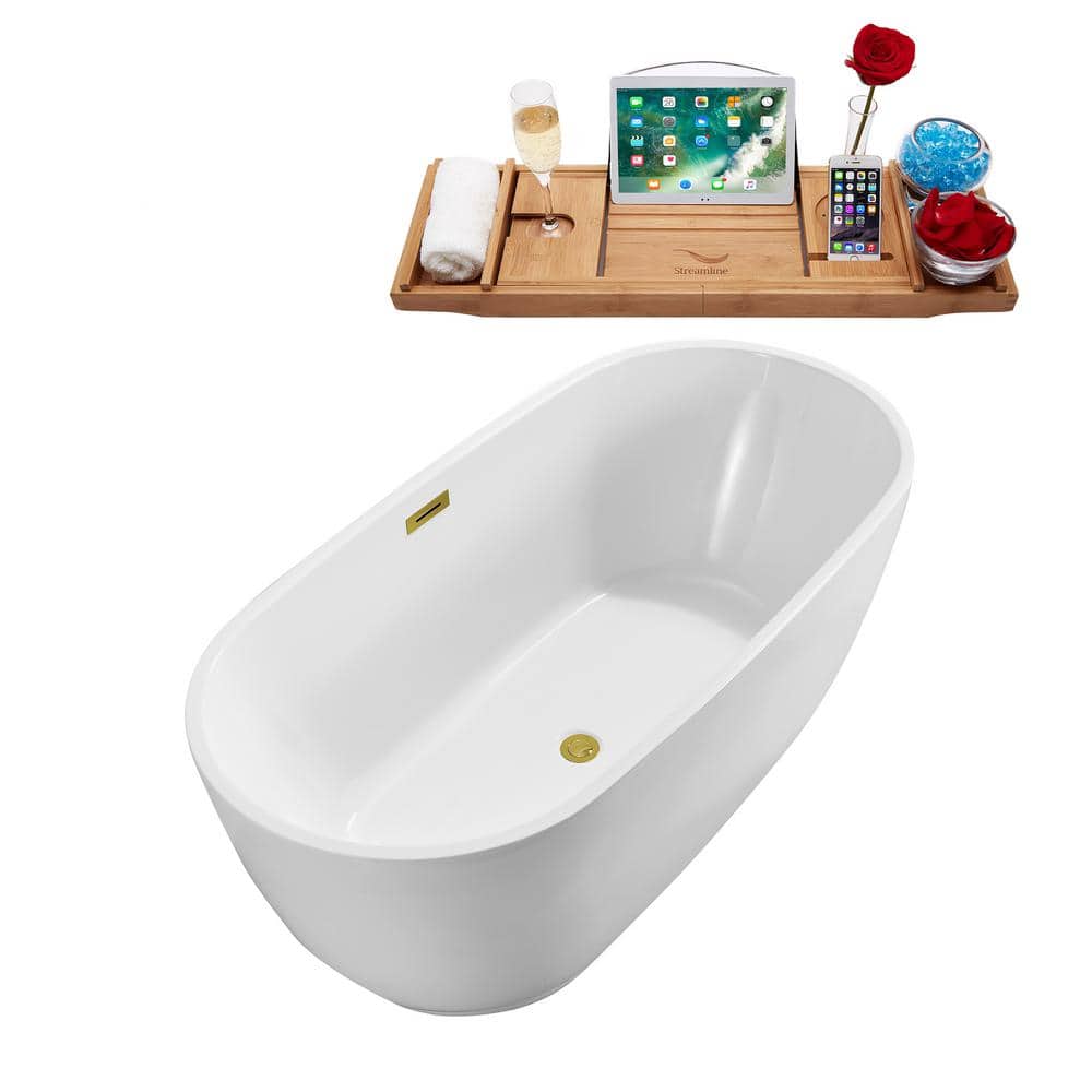 59" Glossy White Acrylic Freestanding Soaking Bathtub with Polished Gold Drain