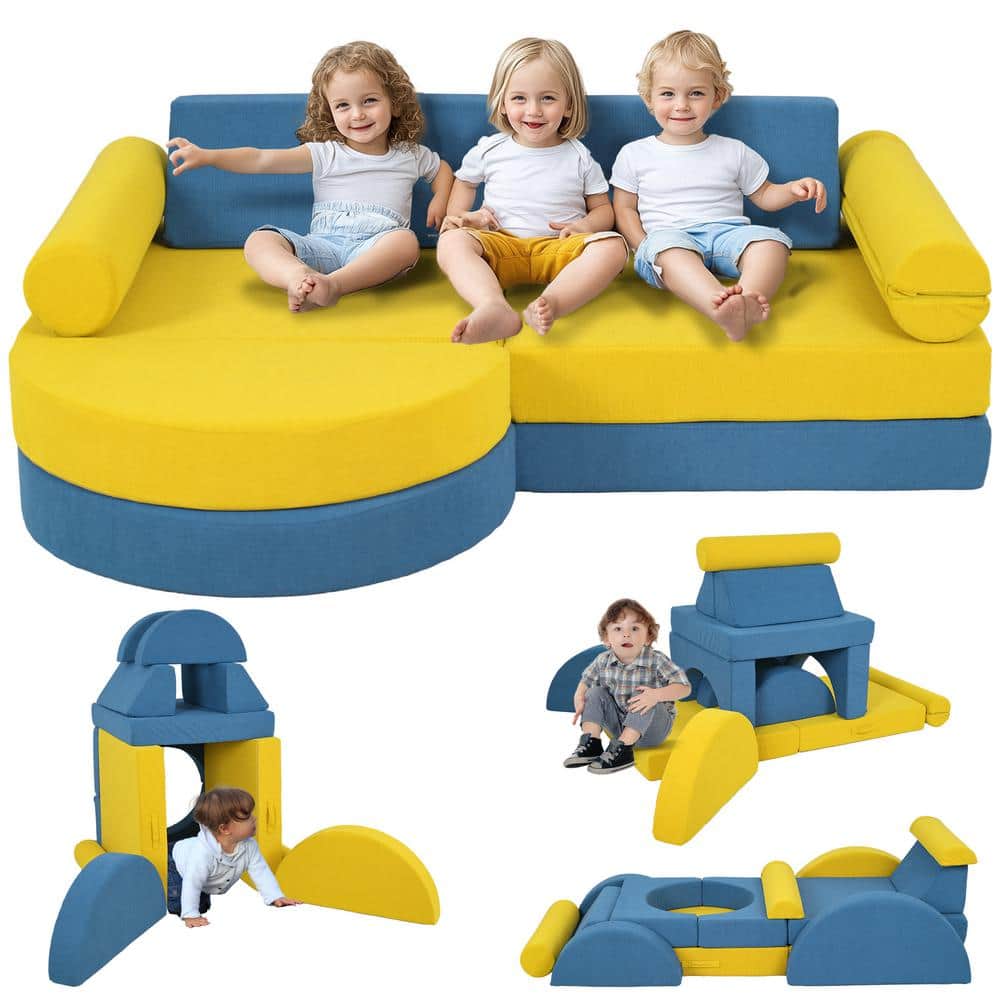 14-Piece Yellow Indoor Modular Convertible Foam Floor Cushions