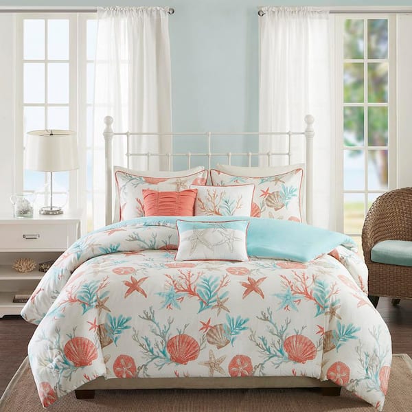 Madison Park Pacific Grove 6-Piece Coral Cotton Full/Queen Duvet Cover Set