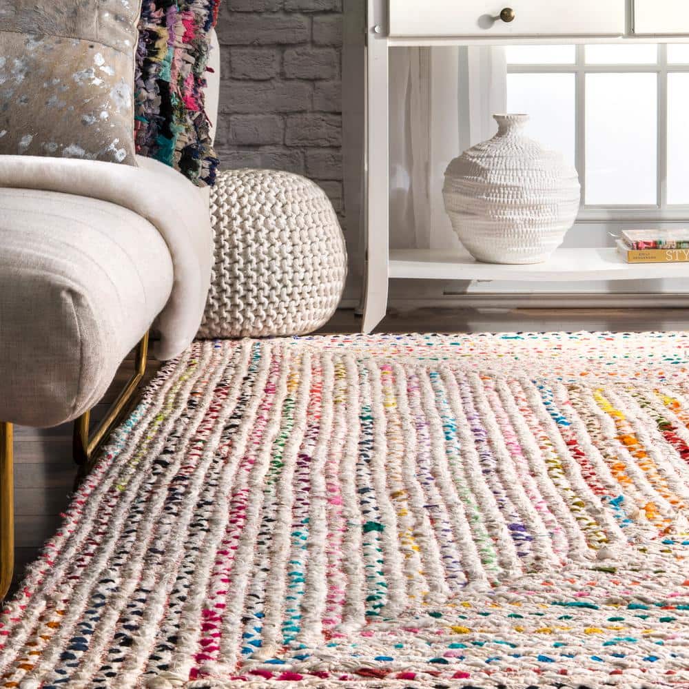 Ivory and Multicolor Braided Cotton Oval Rug 8' x 10'