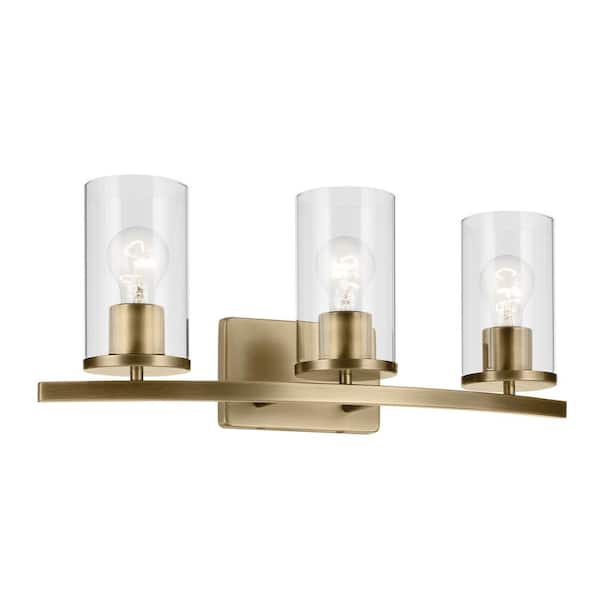 KICHLER Crosby 23 in. 3-Light Natural Brass Contemporary Bathroom Vanity Light with Clear Glass