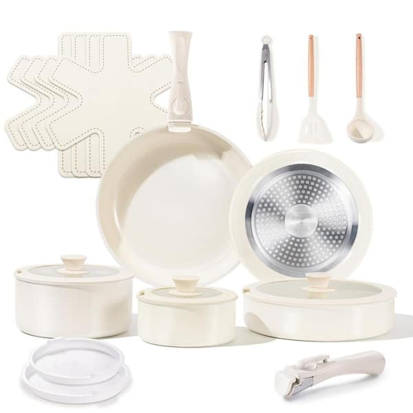 19-Piece Ceramic Cookware Set with Detachable Handles, Nonstick Pots, Induction Dishwasher and Oven Safe, Cream White