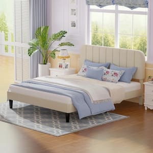 Upholstered Bed Frame, Full Platform Bed Frame with Adjustable Headboard, Strong Wooden Slats Support, Beige