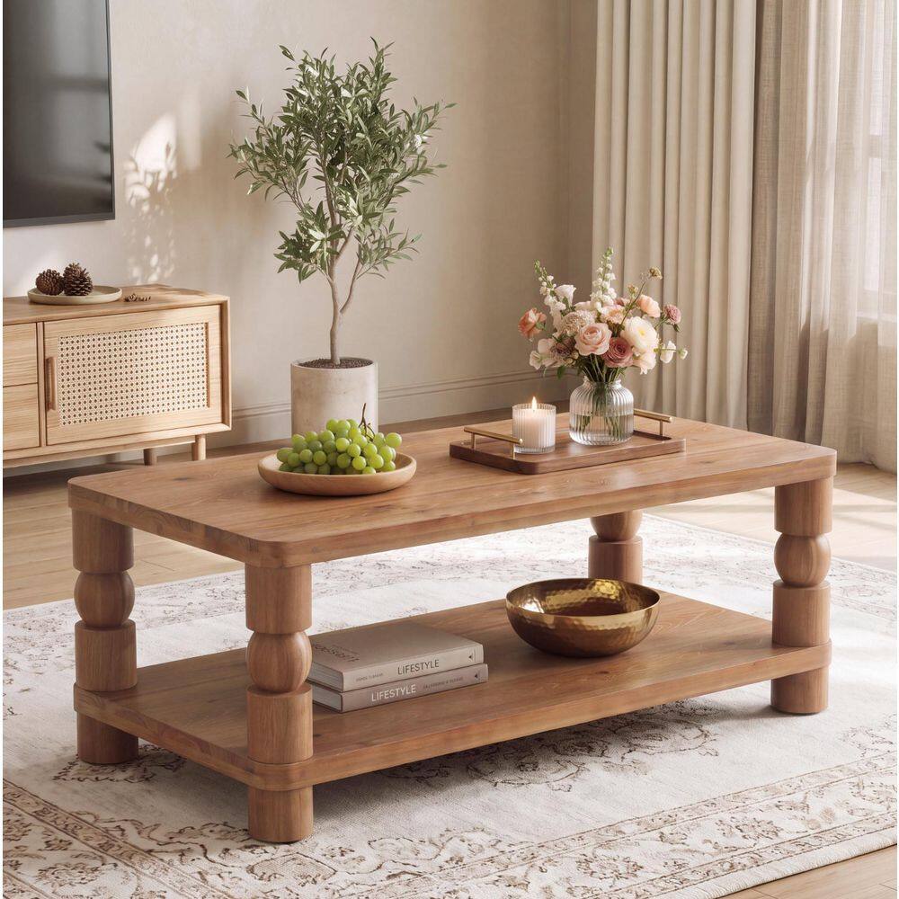 Inaayah 47 in. Brown Rectangle Solid Wood Coffee Table with Storage, Farmhouse Center Table with Turned Legs