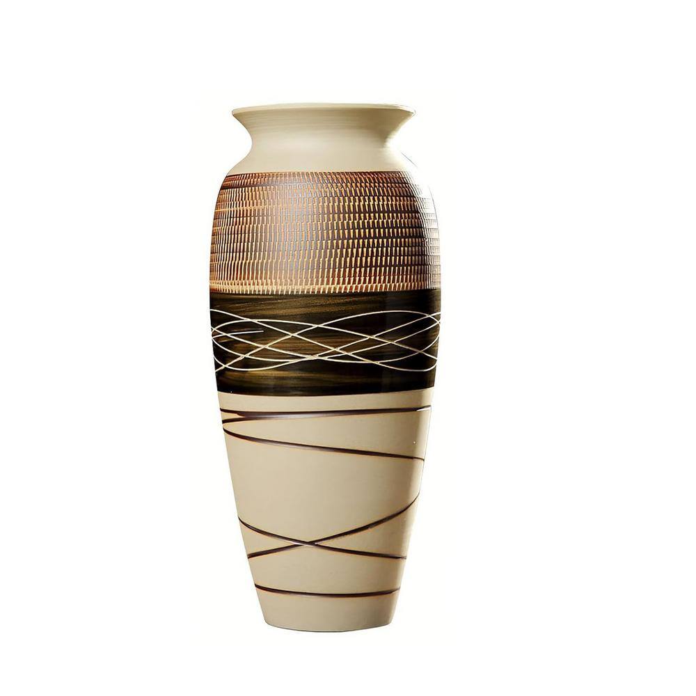 12.6 in. Beige Round Ceramic Rustic Farmhouse Vase, Tall Boho Textured Vase