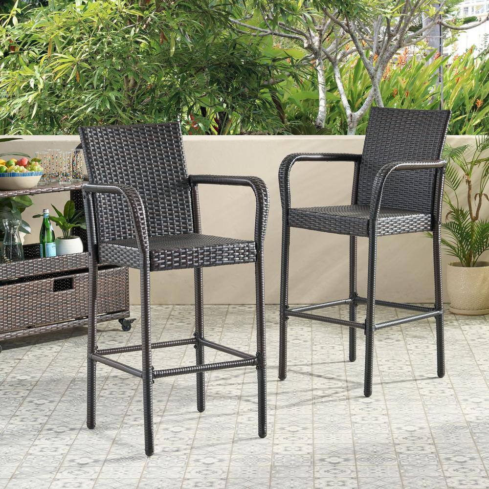 Cisvio 30Inch Brown Wicker Outdoor Bar Stool with Blue Cushion (Set of