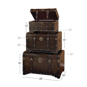 Brown Wood Nesting Upholstered Trunk with Vintage Accents and Studs (Set of 3)