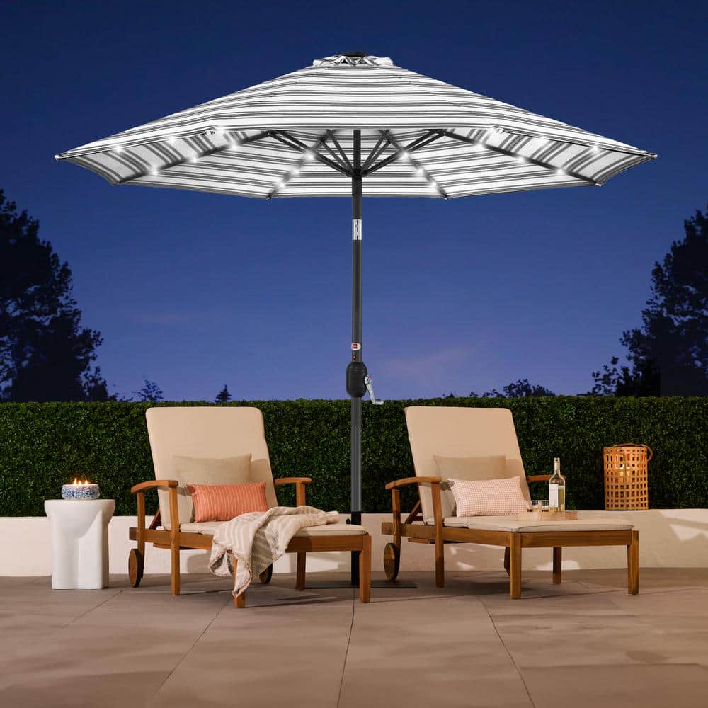10ft Striped Black Metal Market Patio Umbrella with LED Lights