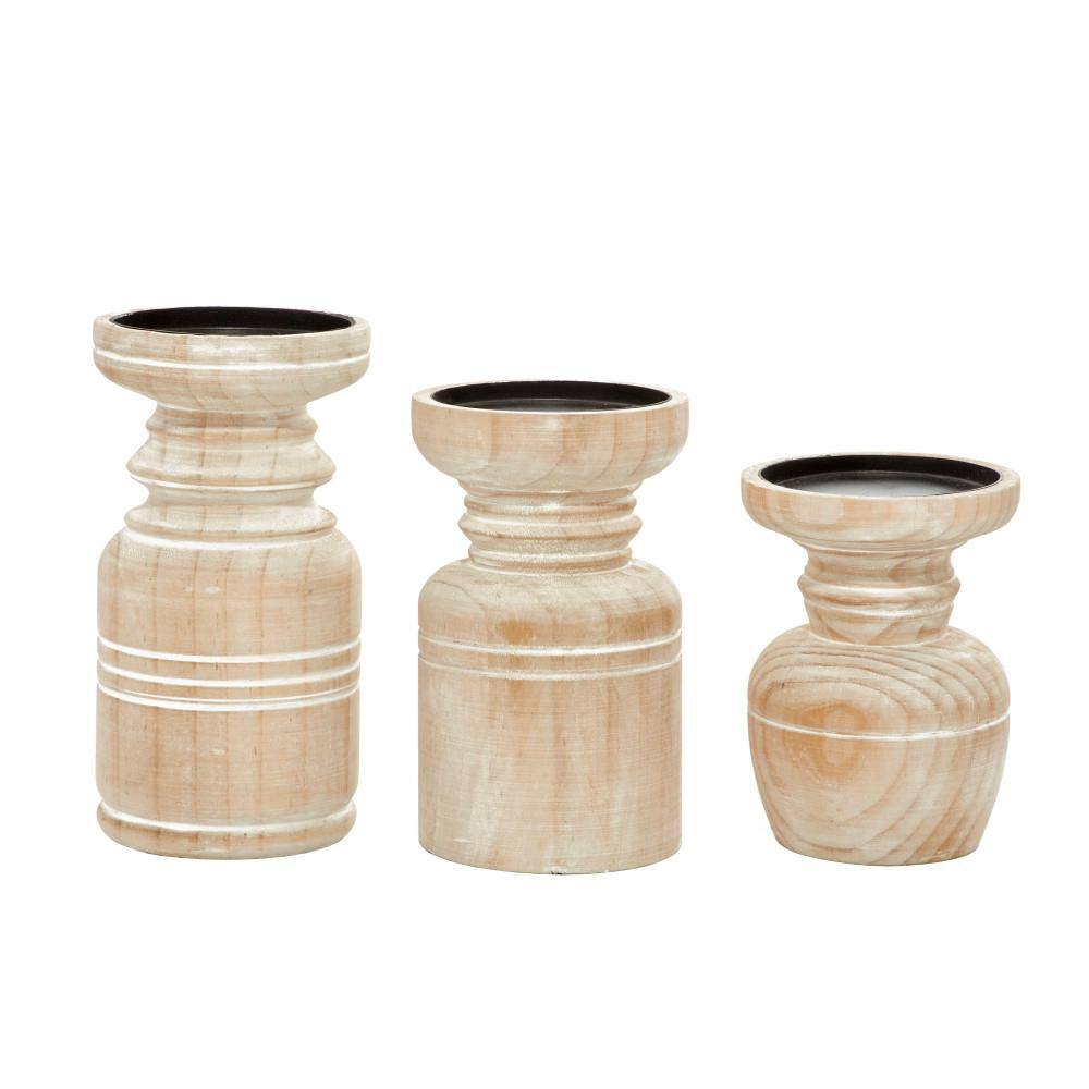Brown Distressed Wood Geometric Candlestick Set, 8.65" Height