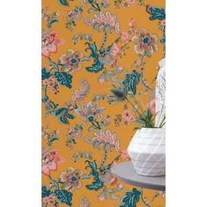 Yellow Hand Painted Fantasy Floral Blossoms Wallpaper R7875 (57 sq. ft.) Double Roll