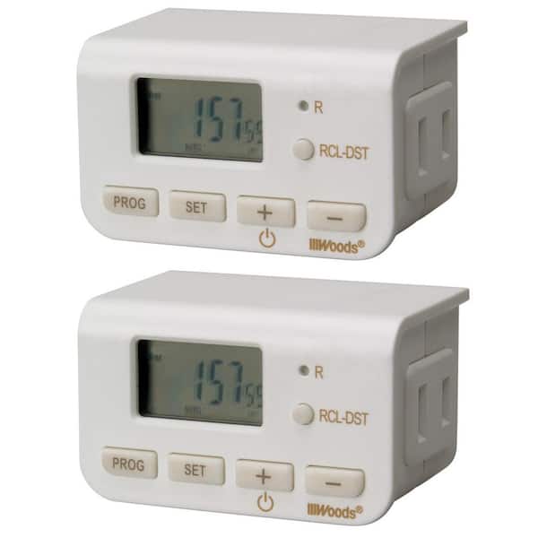 10 Amp Indoor Plug-In Daily Lamp Slim Fit Simple Set Single-Outlet Digital Timer, White (2-Pack)