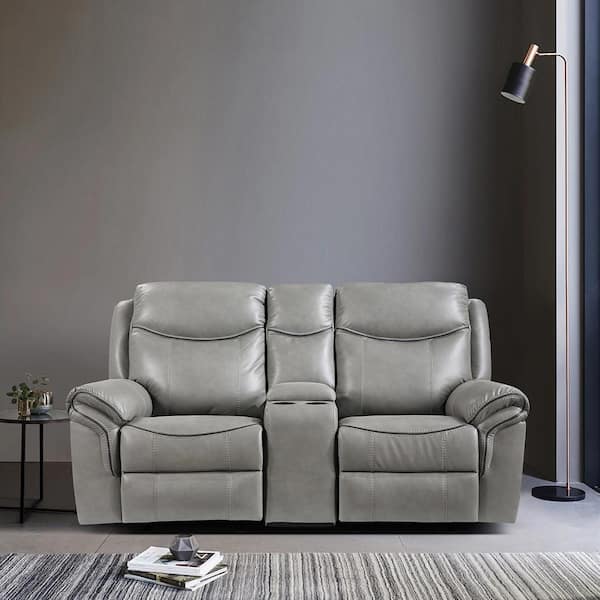 Lazzara Creeley 80 in. W Gray Faux Leather Manual Reclining Loveseat with Center Storage, Receptacles and USB Port